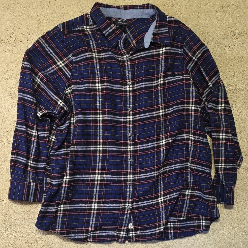 Lands' End Vibrant Plaid Falnnel Shirt in Blue and Pink